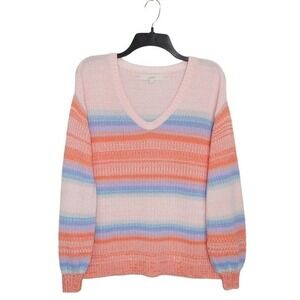 LOFT‎ Womens Pullover Sweater Small Pink Multicolor V-Neck Long Sleeve Striped